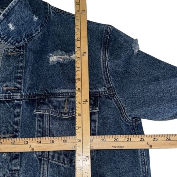 Vintage Wrangler Hero Distressed Cropped Denim Jacket With Raw Hem & Ripped Deta - Picture 11 of 11